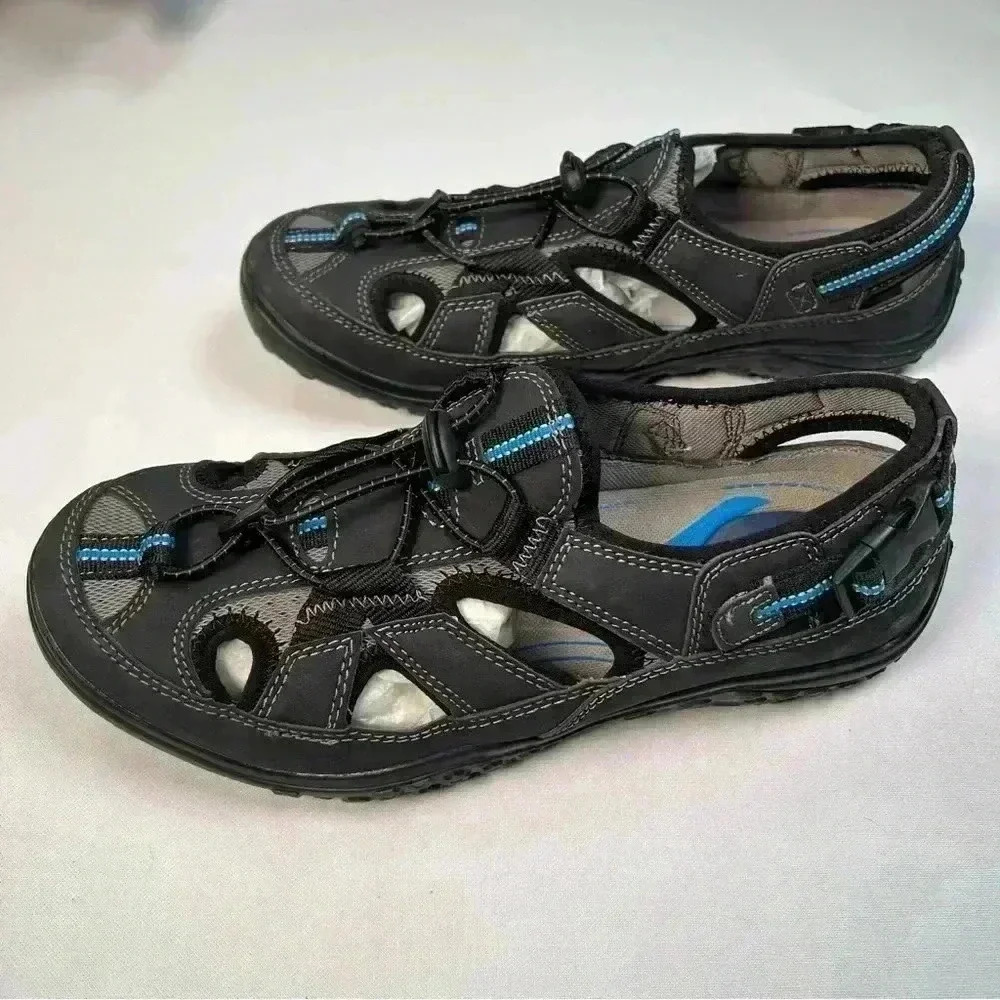 J Murphy Men 8 Black Leather Casual Sport Water Sandals Fisherman Hiking Shoes - Picture 4 of 13